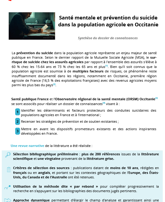 La synthèse du dossier « Santé mentale et prévention du suicide dans la population agricole en Occitanie » est désormais disponible!